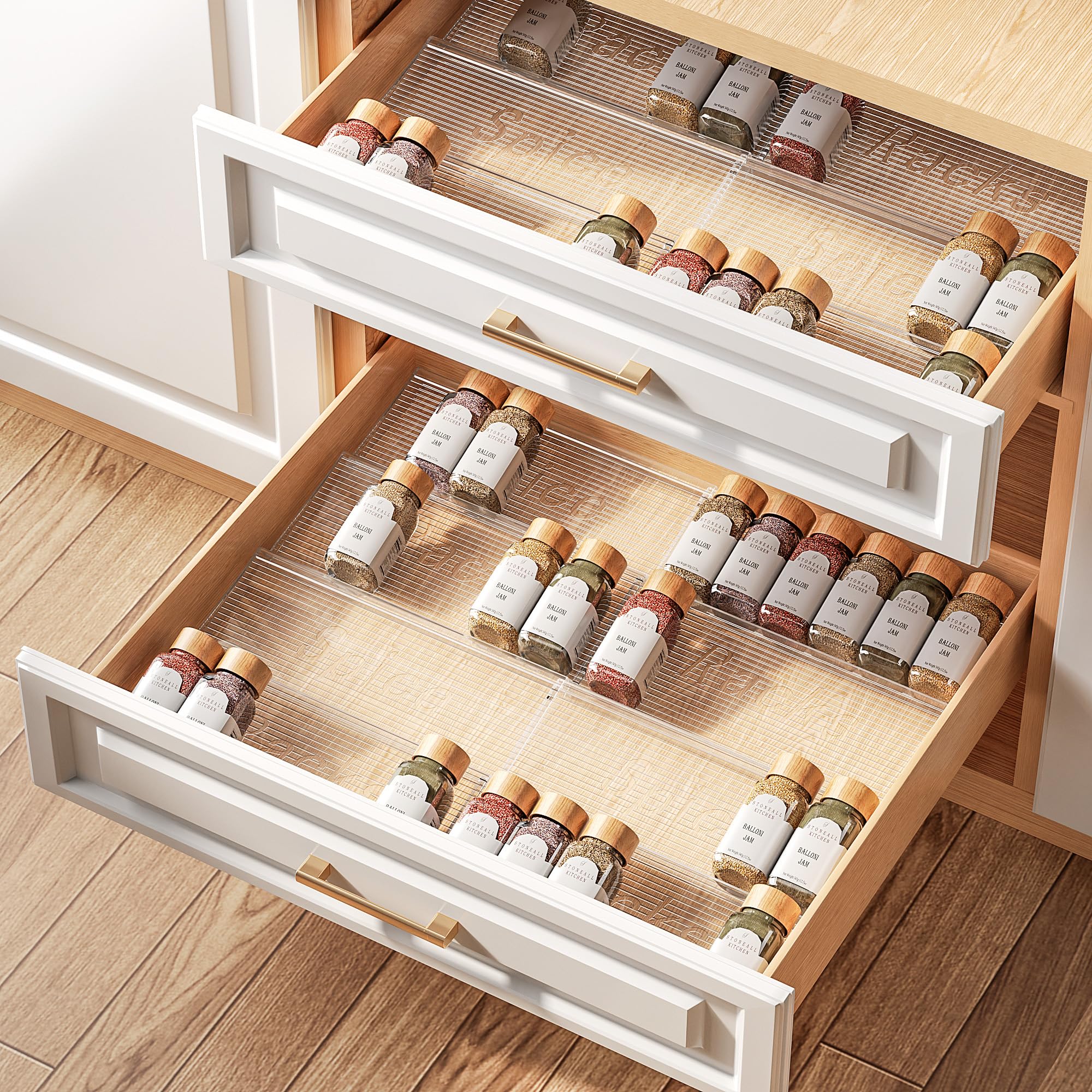 Photo 1 of PanPanPal 8 Packs Spice Drawer Organizer, 2-Tier Acrylic Drawer Seasoning Organizer, Expandable From 11'' to 22'' Kitchen Spice Rack Organizers and Storage for Drawer (Jars not included), Clear