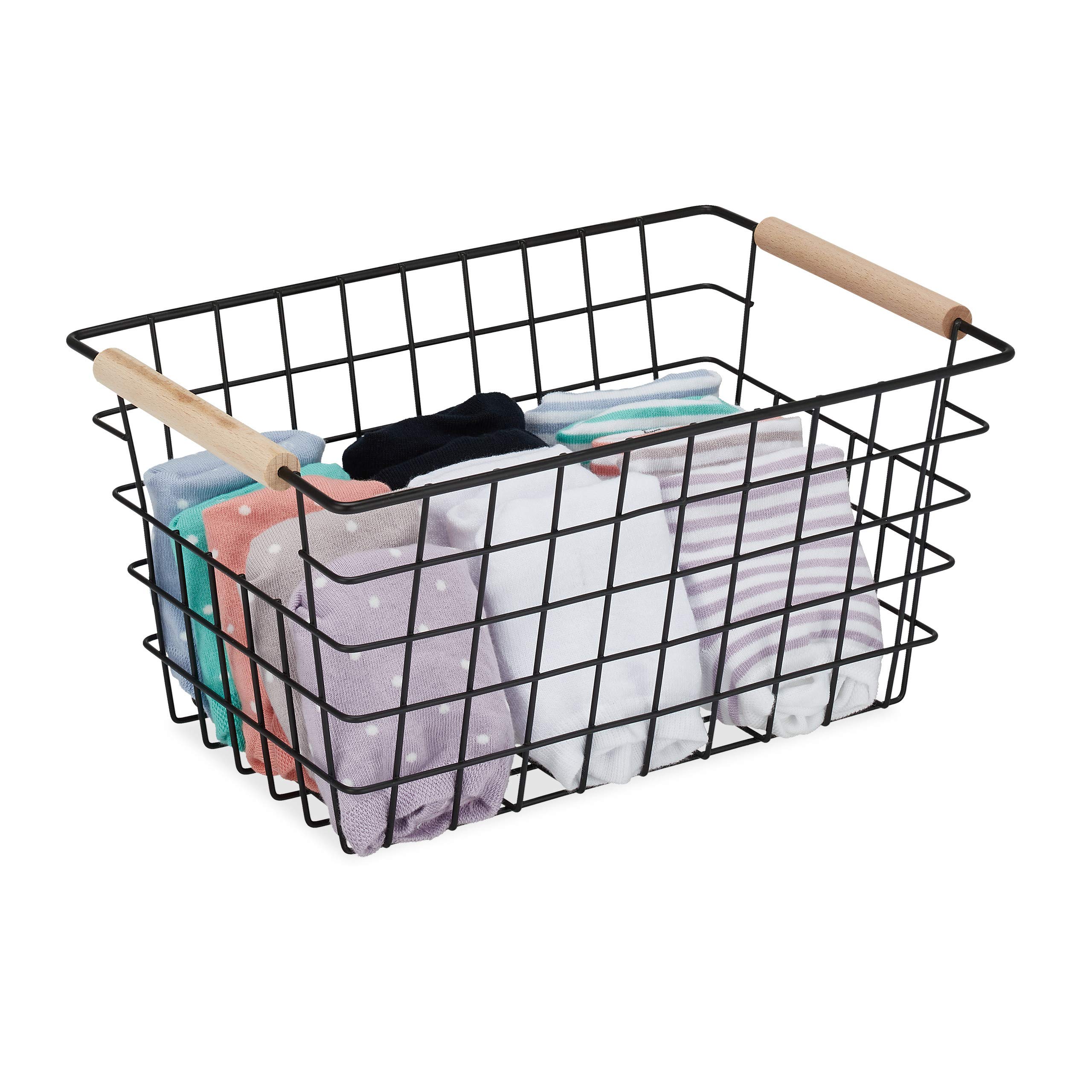 Relaxdays Wire Basket, Wooden Handles, Square, Lattice Design, Clothes, Accessories, Metal Bin, HWD: 16x31x21 cm, Black