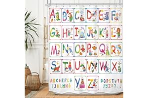 MESHELLY Kids Alphabet ABC Shower Curtain, Cartoon Animal Alphabet Shower Curtain, Funny ABC Education Learning Tools for Baby Boys Girls Toddler 60Wx72H Bathroom Bath Curtain Bathroom Decor 12 Hook