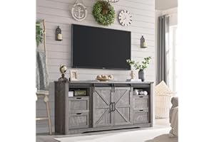 JXQTLINGMU Farmhouse TV Stand for 75+ Inch TV, 32" Tall Entertainment Center w/4 Drawers & Sliding Barn Door, Rustic Media Console w/Storage Shelves, 66" Wood Television Stand for Living Room, Grey Wash