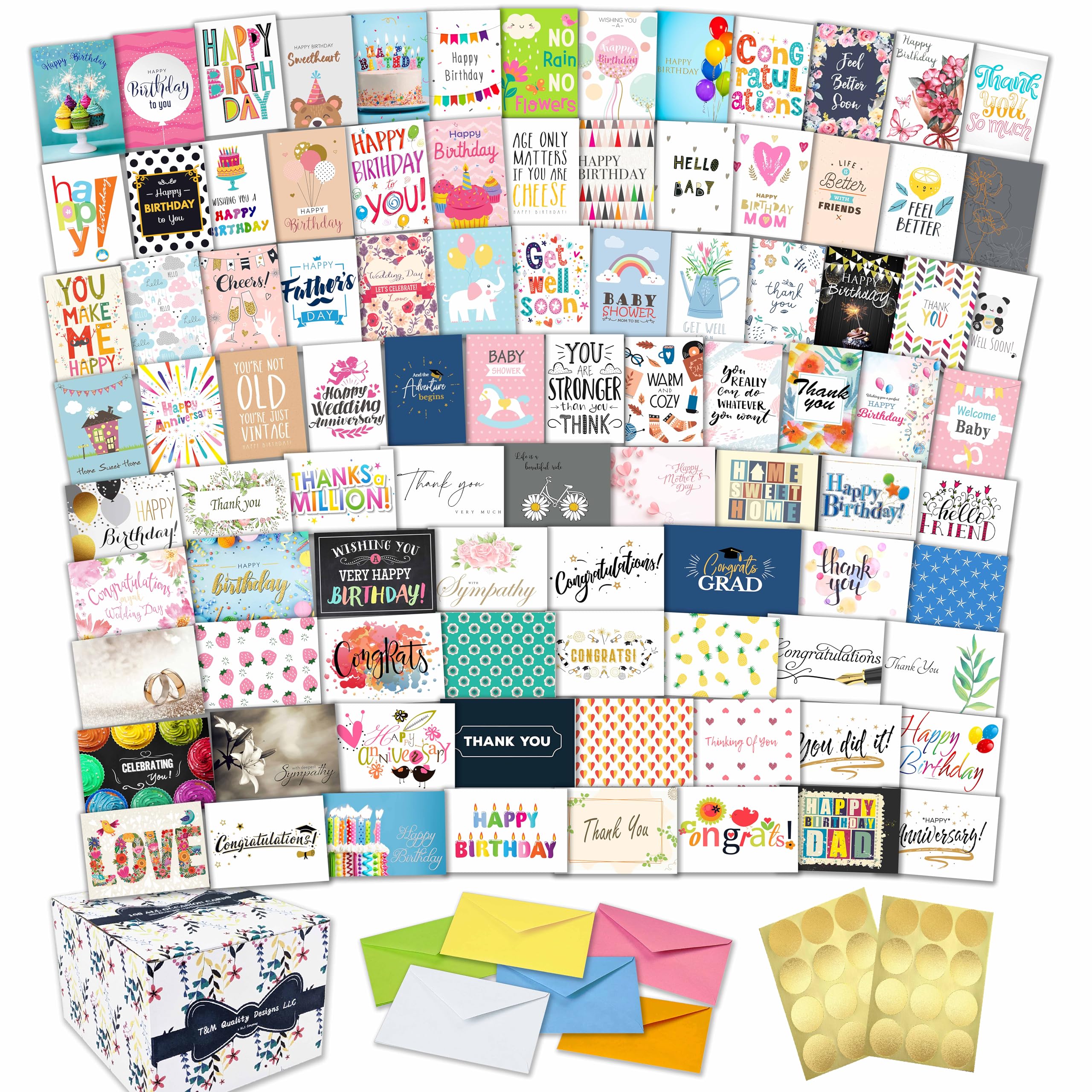 100 All Occasion Greeting Cards with Envelopes and Stickers - 100 Unique Designs Large 5x7 Inch Bulk Blank Notes in a Sturdy Organizer Box