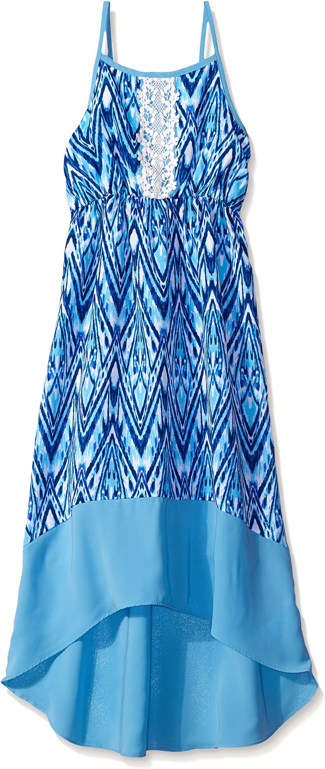 Emily West Girls' Printed High Low Dress with Lace Panel Overlay and Trim