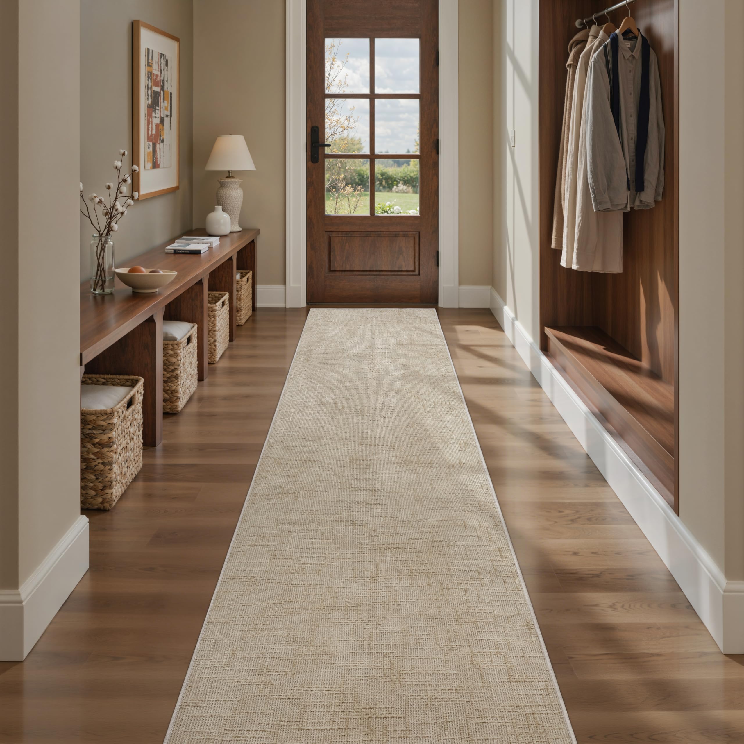 Photo 1 of Art&Tuft 2x8 Runner Rug - Washable Runner Rugs, Non-Slip Runner Rug for Hallway, High Low Pile Textured Stripe 2x8 Rug Runner Throw Carpet for Entrance Entryway Bedroom Living Room Kitchen, Beige