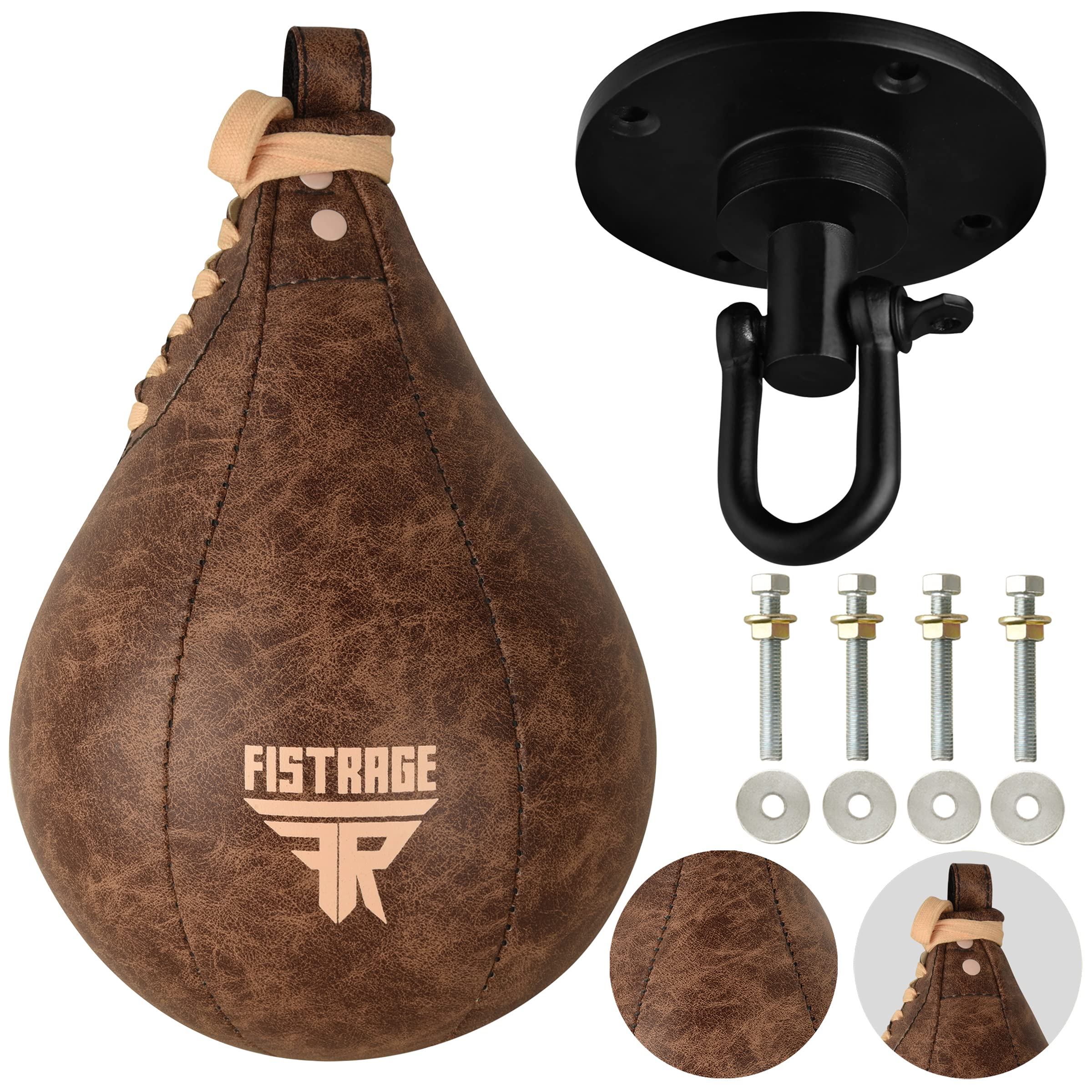 Photo 1 of FISTRAGE Speed Ball Boxing Bag Leather MMA Muay Thai Training Punching Dodge Striking Kit with Free Hanging Swivel Workout Speedball Kicking Platform Equipment (Beige)