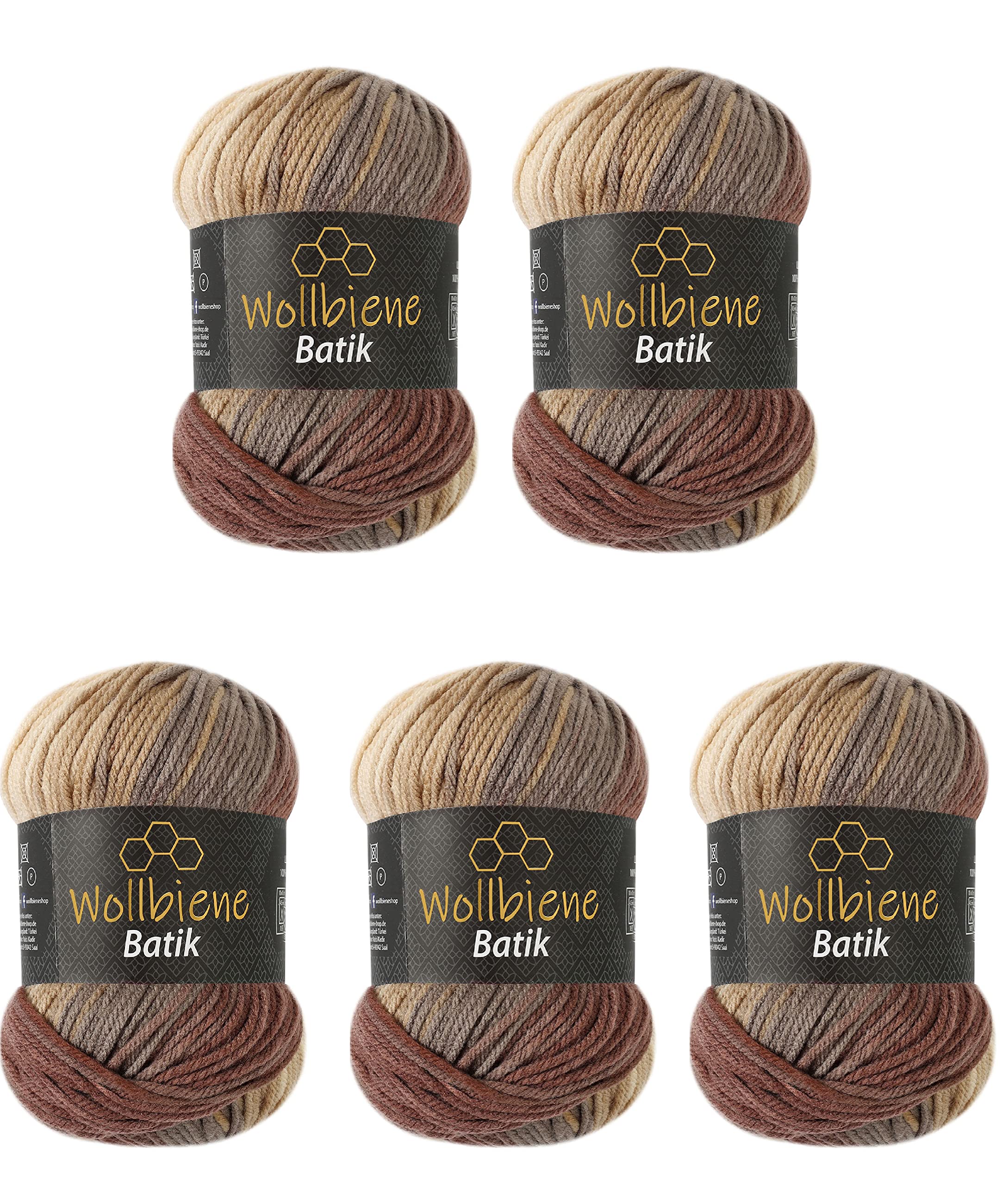 5 x 100 g Wollbiene Batik, 500 g Wool with Colour Gradient, Multicoloured Knitting Wool, Crochet Wool (5020 Brown Beige)