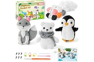 BWkoss Crochet Kit for Beginners, Polar Animal Crochet Starter Kit for Adults Kids Fox Penguin Polar Bear DIY Yarn Knitting Craft Supplies with Step-by-Step Video Tutorials for Knitting Enthusiast