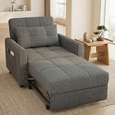 Gizoon 3-in-1 Convertible Sofa Bed Chair, Pullout Sleeper, Adjustable Back | 4-Level Adjustable Backrest, Sturdy Steel Frame, Breathable Linen, Side Pocket, Fits Living Room, Apartment, Space-Saving