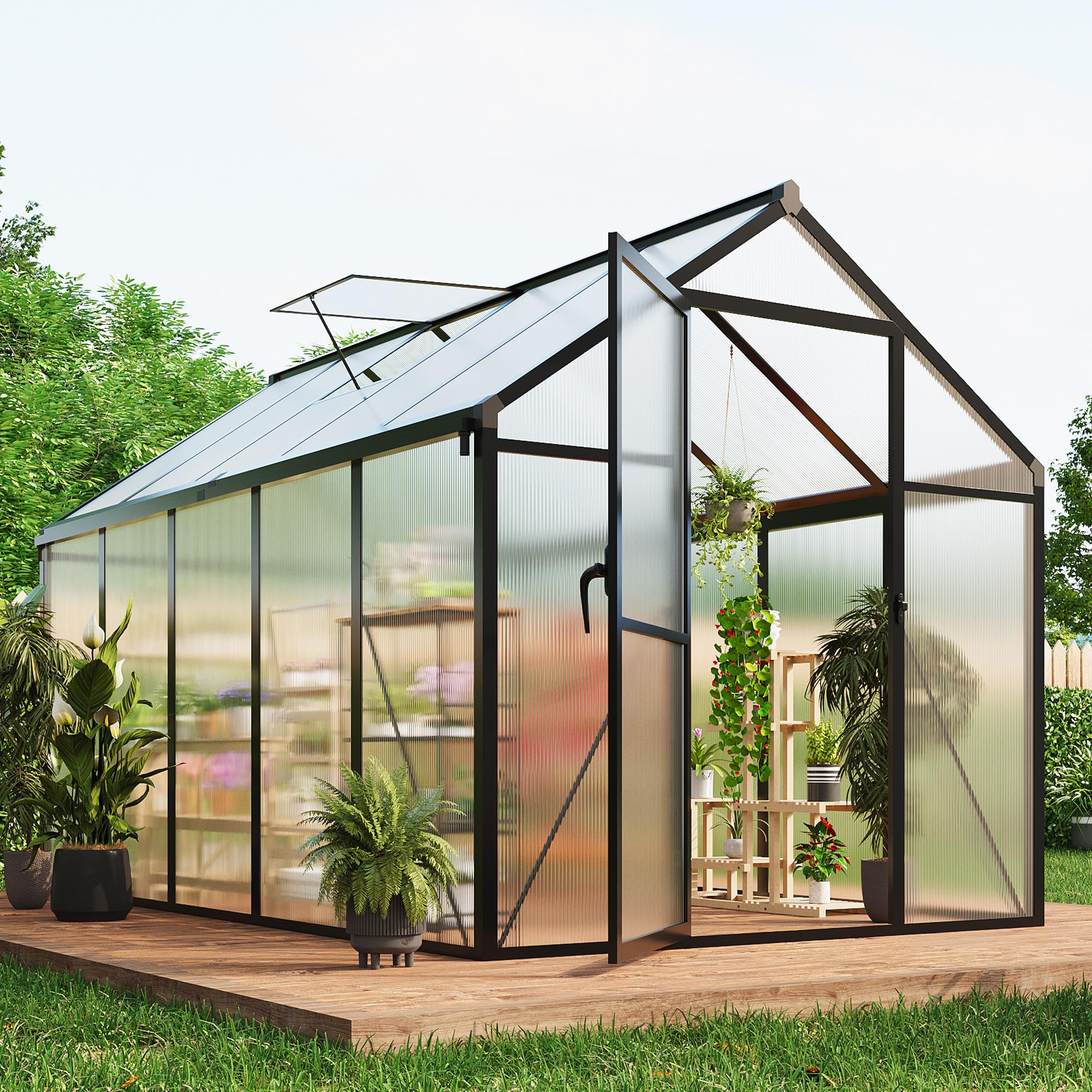 Photo 1 of ***MISSING BOX 1***6x10 FT Greenhouse for Outdoors, Polycarbonate Flower Greenhouse with Roof Vent, Push-Pull Lockable Door, Aluminum Walk-in Greenhouses for Outside Garden Backyard, Patio, Lawn, Black