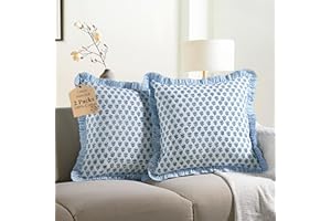 CPC COTTON PRINT CLUB CPC Apatite Blue Ruffle Throw Pillow Covers for Couch, 18x18 Inch Cotton Stripe Ruffle Couch Pillows for Living Room, Hidden 14 Inch Zipper Boho Pillow Case or Cute Outdoor Pillows