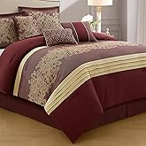 LANCO MODERN LIFESTYLE Red Gold Comforter Set, Queen, Damask Jacquard with Matching Solid Piece Work, 7 Piece Soft Bedding Set for All Season, Bed Skirt, Pillow Shams and Decorative Pillows