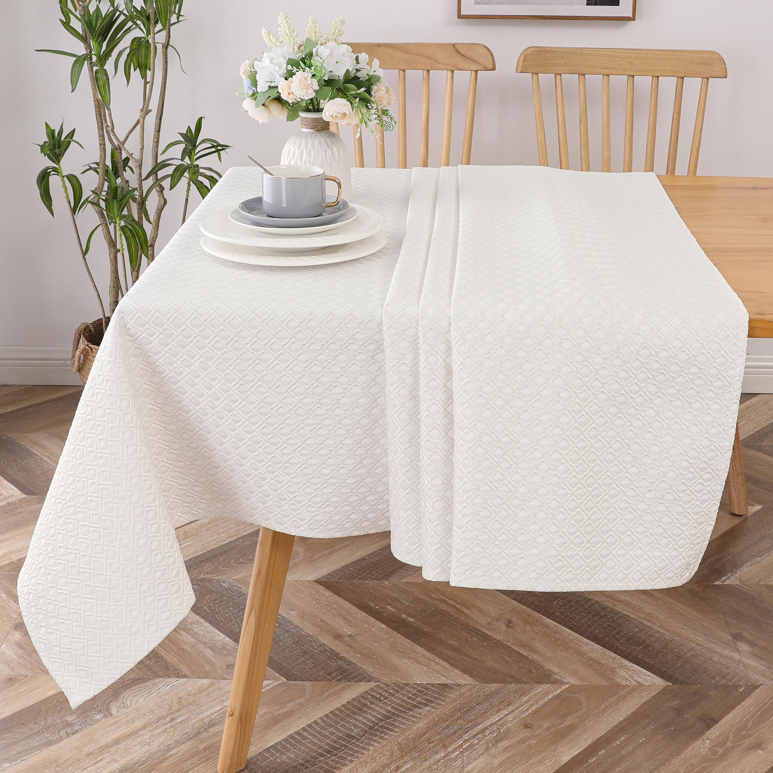 Majestic Giftware Polyester Tablecloths for Rectangle Tables | (70/180) – TC1376 Jacquard Geometric – White Gold Hem Stitch Dining Table Cover | Decorative Washable Tablecloth for Kitchen & Dining
