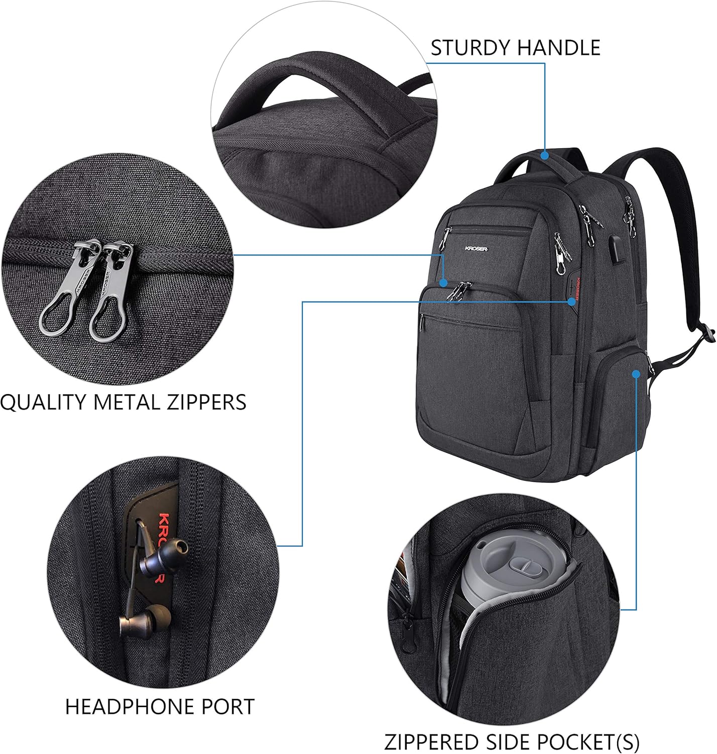 KROSER Travel Laptop Backpack 17.3 Inch Large Computer Backpack Water-Repellent School Daypack with USB Charging Port & Headphone Interface RFID Pockets for Work/Business/College/Men/Women: Computers & Accessories