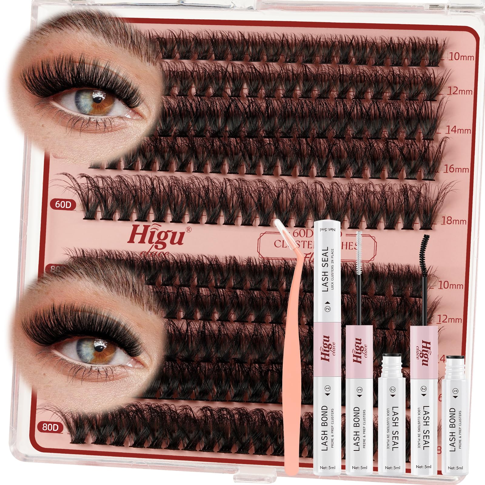 Higu clace 3D Cluster Lashes Kit D Cul, Individual Lashes Kit Mix 10-18mm, Volume Eyelash Cluster Kit, DIY Lash Extension Kit with Lash Bond and Seal and Lash Applicator at Home(60D+80D Mix10-18) — image 1