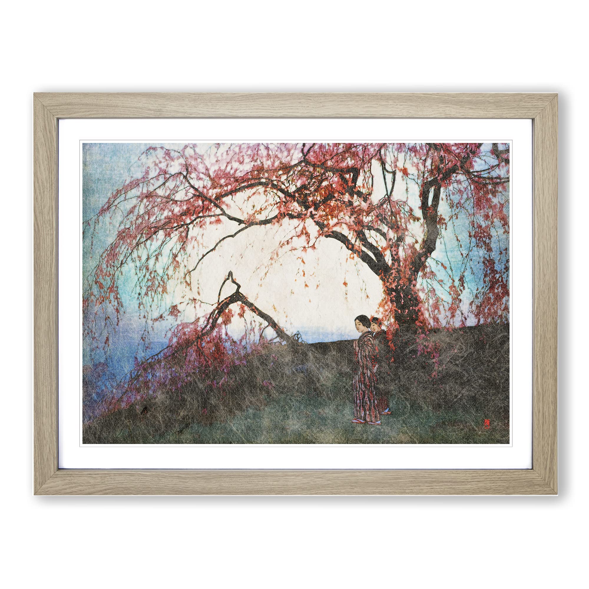 Kumoi Cherry Trees By Hiroshi Yoshida Asian Japanese Framed Print | A4 Oak Framed Wall Art | Ready to Hang | Asian Floral Picture | Living Room Bedroom Lounge Office