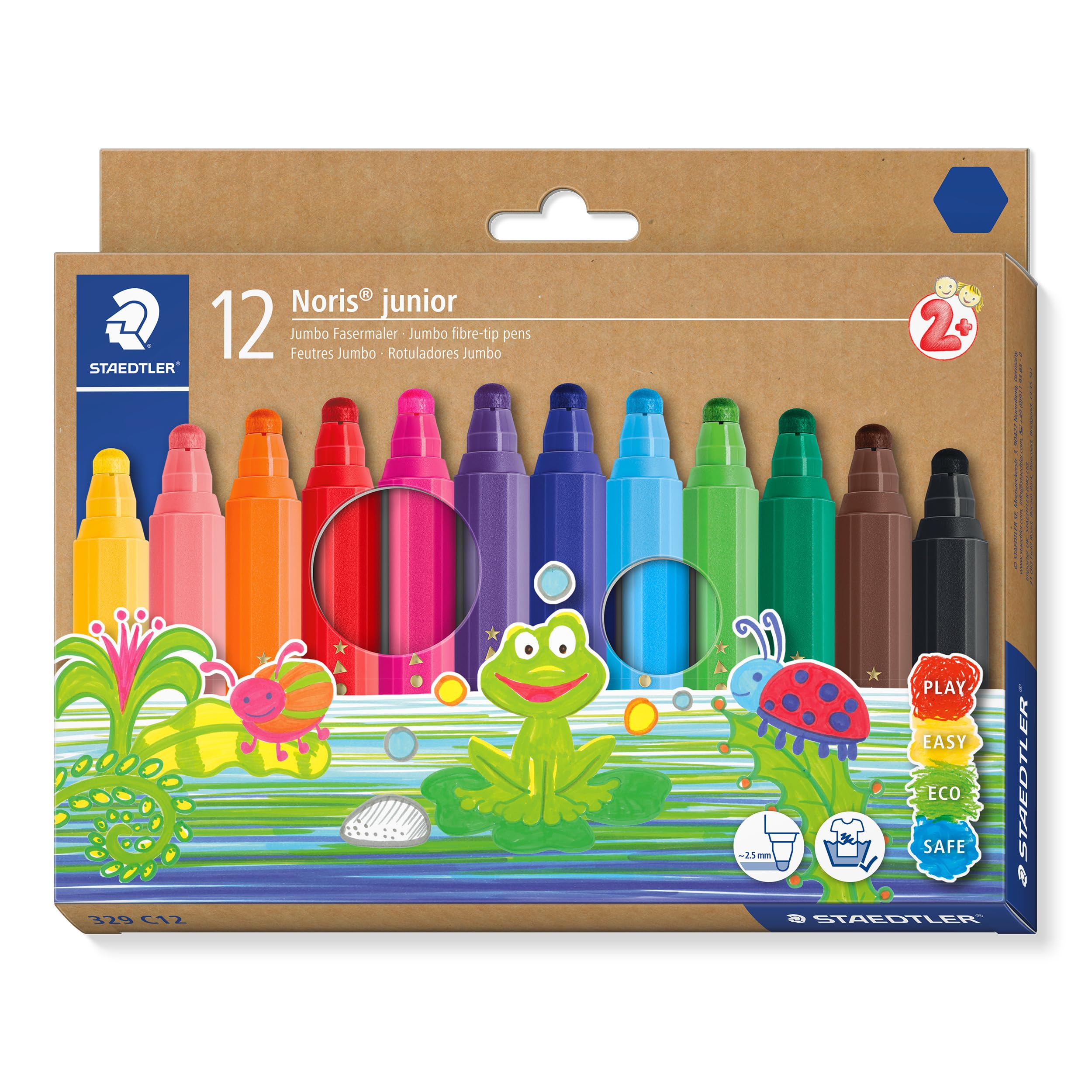 STAEDTLER 329 C12 Noris Junior Jumbo Fibre-Tip Pens For Toddlers Age 2+ - Assorted Colours (Pack of 12)