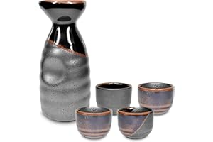 Mino Ware Traditional Japanese Sake Set, Tokkuri Bottle and 4 Ochoko Cups, Black Kuro Oribe