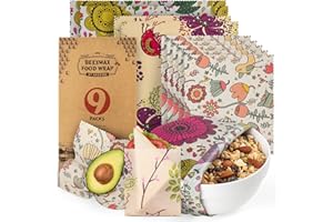 Akeeko Reusable Beeswax Food Wraps - Assorted 9 Packs, Reusable, Plastic-Free Food Storage, 5 Small, 2 Medium, 1 Large, 1 Extra Large Wraps with Plants and Boho Birds Pattern