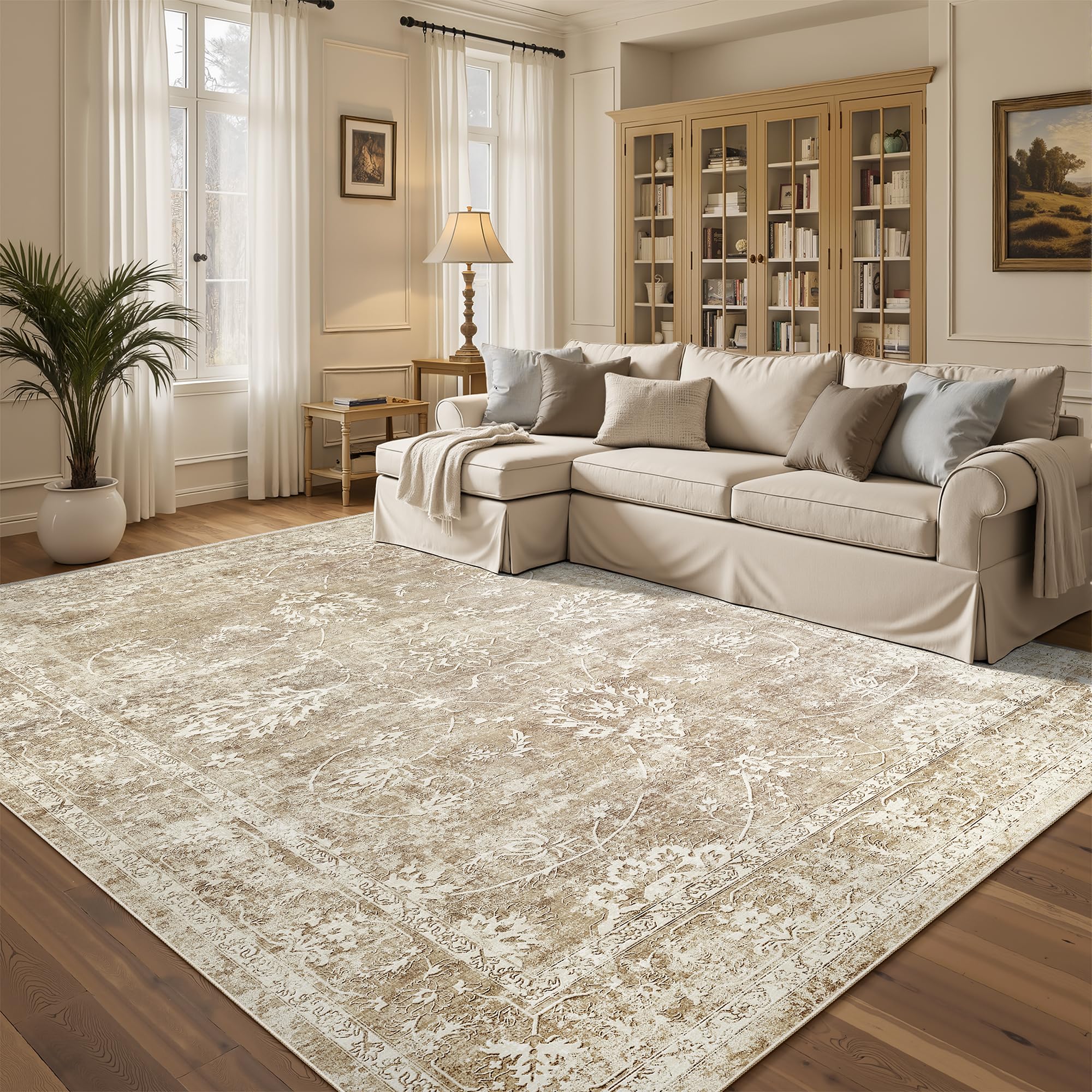 Photo 1 of Madane 5x7 Area Rugs for Living Room, Washable Vintage Area Rug with Non Slip Backing, Soft Floral Print Stain Resistant Floor Carpet 5 x7 with Low Pile (5 x 7, Beige/Brown)