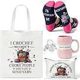 Y1tvei Crochet Canvas Bag Gifts - 6Pcs Knit Set Humorous Novelty I Crochet So I Don’t Choke People Save A Life Send Yarn Canvas Tote Bag Makeup Pouch, Pink Mug Stockings Keychain Gift for Knitter Girl
