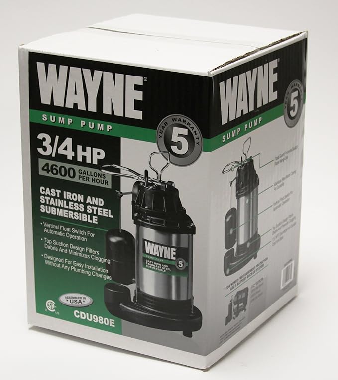 Wayne Cdu980e 3 4 Hp Submersible Cast Iron And Stainless Steel Sump Pump With Integrated Vertical Float Switch Sump Pumps Amazon Canada