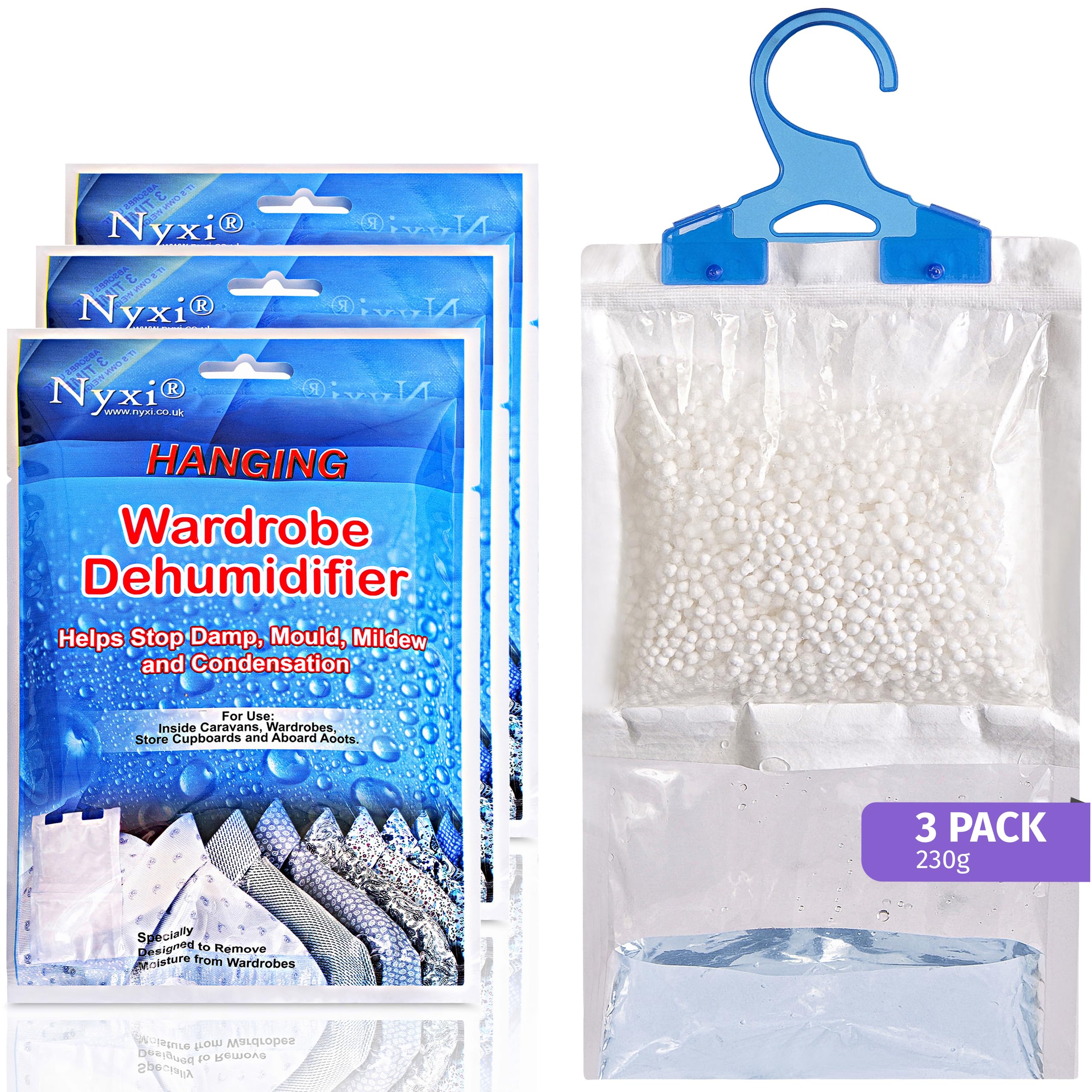 Nyxi Set of 3 Hanging Interior Wardrobe Dehumidifier - 230g Each Bag - Ideal to stop damp, mould mildew & condensation- For Wardrobe, Home, Kitchen, Garage, Bedroom, Caravan, Office, Basement etc