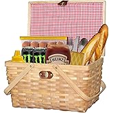 Wickerwise Gingham Lined Woodchip Picnic Basket with Lid and Movable Handles