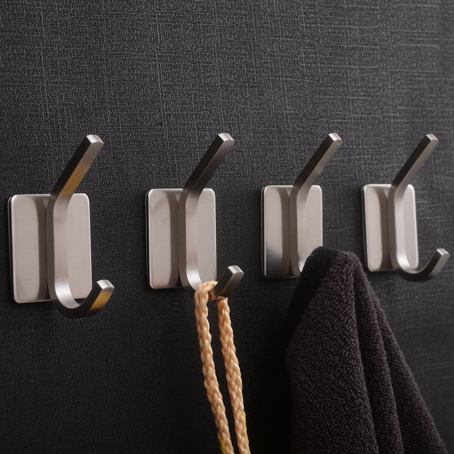 YIGII Coat Robe Hook Rail Bathroom Wall 3M Self Adhesive Brushed SUS304 Stainless Steel Towel Hooks 4 Pack