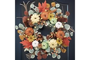 Valery Madelyn Collapsible Fall Wreath with Light for Front Door, 24" Halloween Door Wreath with White Pumpkin Silk Maple Leaves Outdoor Fall Autumn Decorations for Home Porch Thanksgiving Table Decor