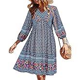 BTFBM Women Casual Spring Summer Dresses V Neck 3/4 Long Sleeve Ruffle Floral Flowy Boho Babydoll Mini Short Beach Dress