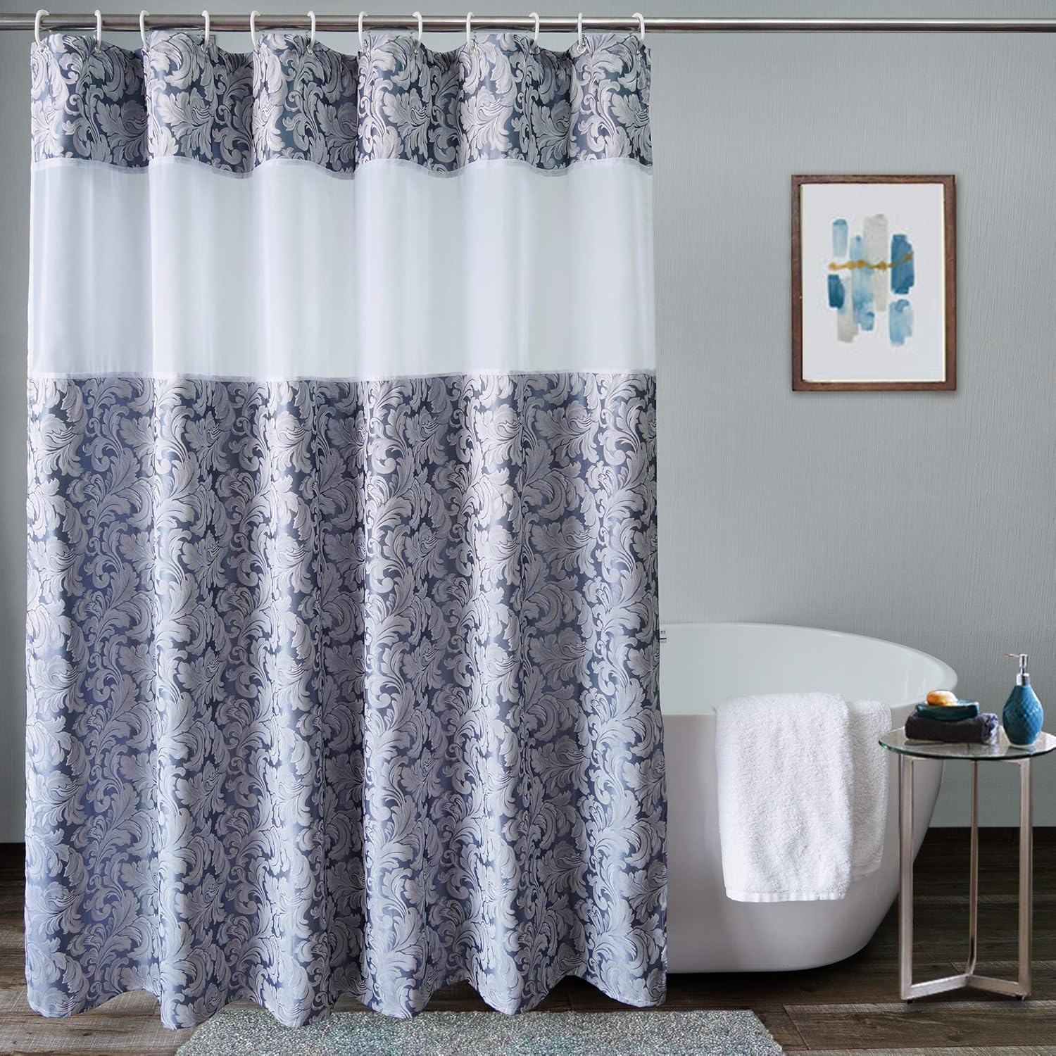 UFRIDAY Damask Decor Fabric Shower Curtain, Easy Care Floral Bathroom Curtain with Light Filtering Mesh Window, Waterproof and Machine Washable, Weighted Bottom Hem, 72x75 Inches, Gray Blue