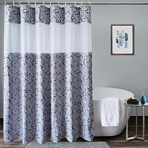 UFRIDAY Damask Decor Fabric Shower Curtain, Easy Care Floral Bathroom Curtain with Light Filtering Mesh Window, Waterproof and Machine Washable, Weighted Bottom Hem, 72x75 Inches, Gray Blue
