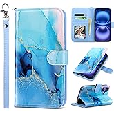 ULAK Compatible with iPhone 16 Wallet Case [RFID Blocking], Women PU Leather Shockproof Protective Folio Flip Cover with Card Holder Kickstand for iPhone16 6.1 inch, Marble Blue