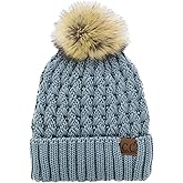 C.C Beanie Women’s Thick Cable Knit Faux Fuzzy Fur Pom Lattice Crossover Fuzzy Lined Skull Cap Cuff Beanie