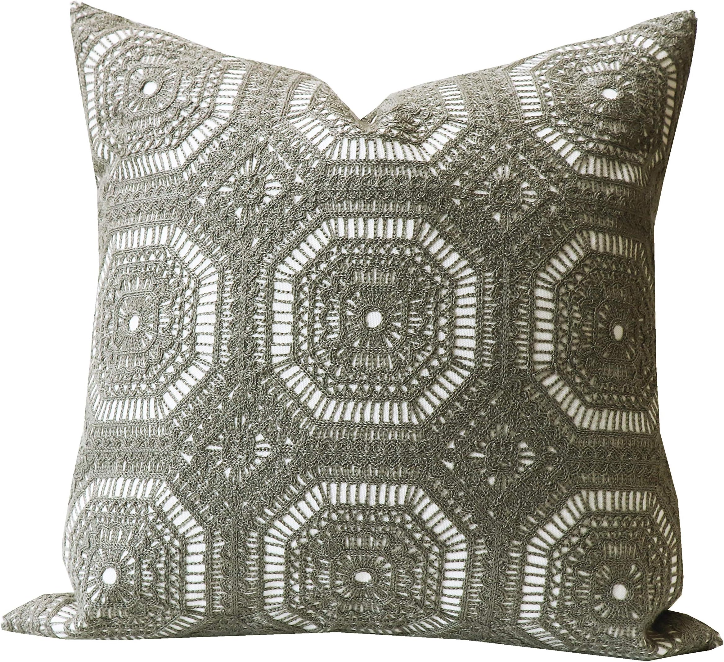 SLOW COW Cotton Embroidery Throw Pillow Cover for Bed Couch Sofa, Invisible Zipper Gray Geometric Pillow Cover 18 X 18 Inches