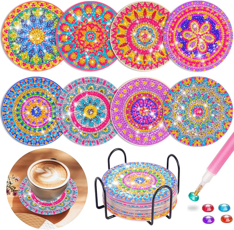 Jovicos Diamond Painting Coaster Kit for Kids 8 Pc 5D Mandala Craft Set