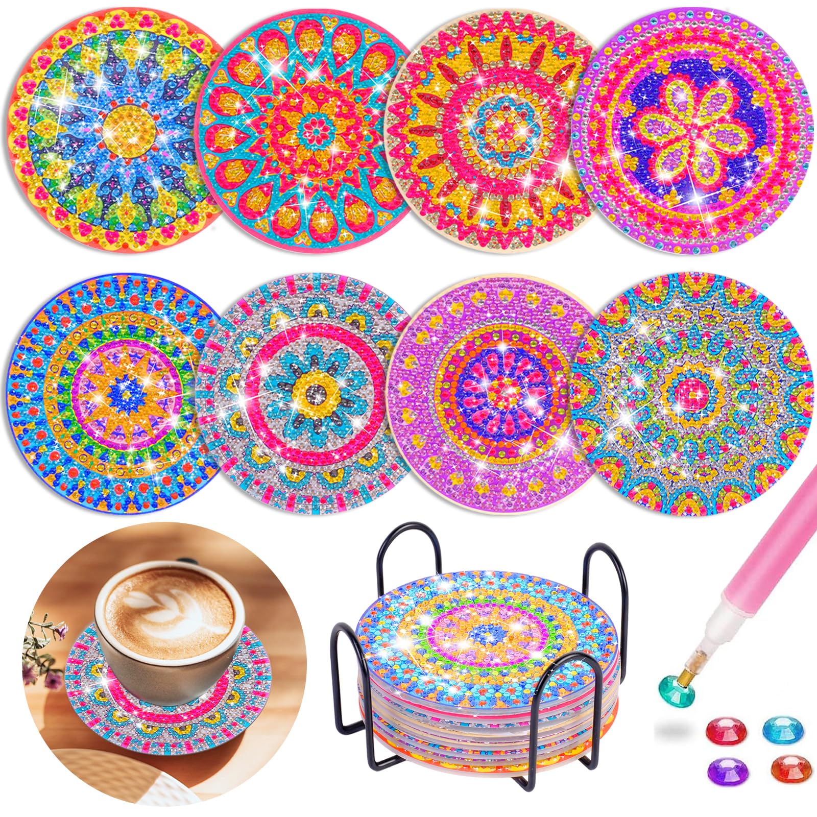 Jovicos Craft Kits for Girl 6 7 8 9 10 Years Olds, 8 PCS Diamond Painting Coaster with Holder, 5D Mandala Diamond Painting Art Craft for Kids Adult, Girls Toys Gifts for Kids