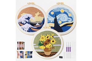 FARBCLUB DIY Punch Needle Kit for Adults Beginners | Punch Stitching Set with Masterpiece Art Designs Patterns, Hoops, Yarns, and Beginner Tools | Punch Embroidery Craft Kit 20x20cm