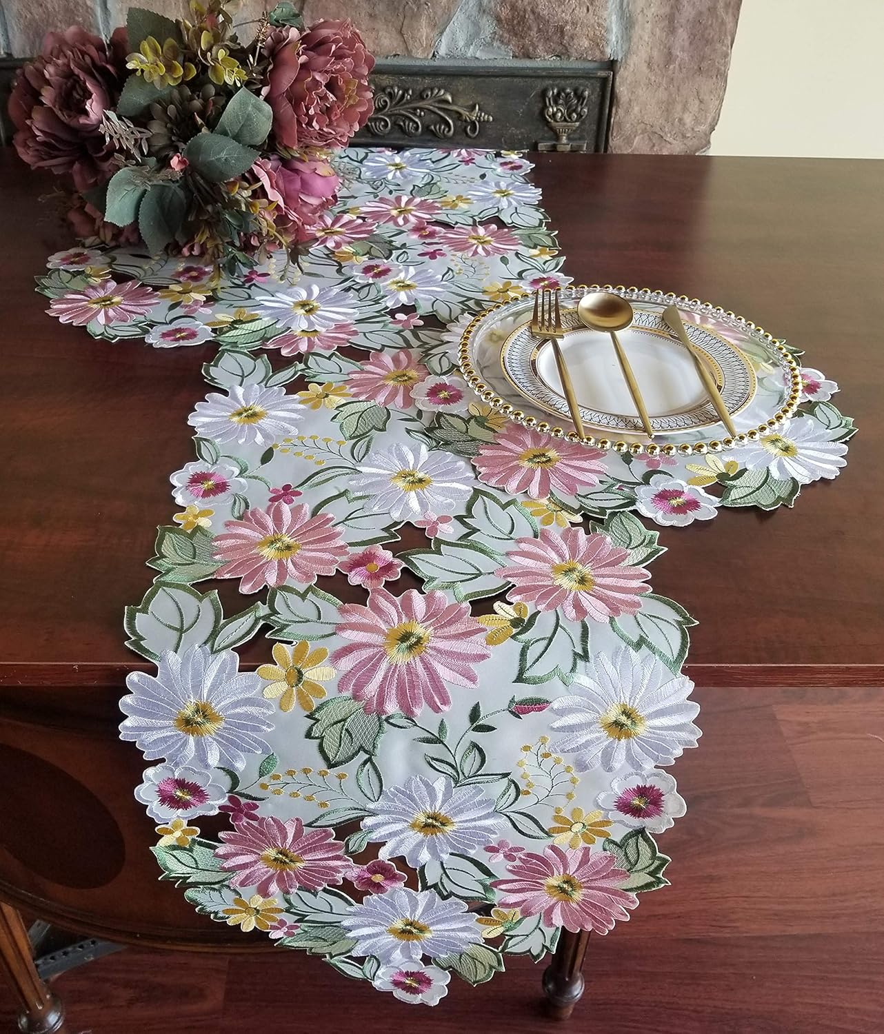 GRANDDECO Embroidered Flowery Table Runner,Applique Floral Daisy Cutwork Embroidered Table Linen, Home Kitchen Dining Tabletop Decoration, Runner 13"×68" (Runner 13"×68"（33x172cm）, Spring Color): Home & Kitchen