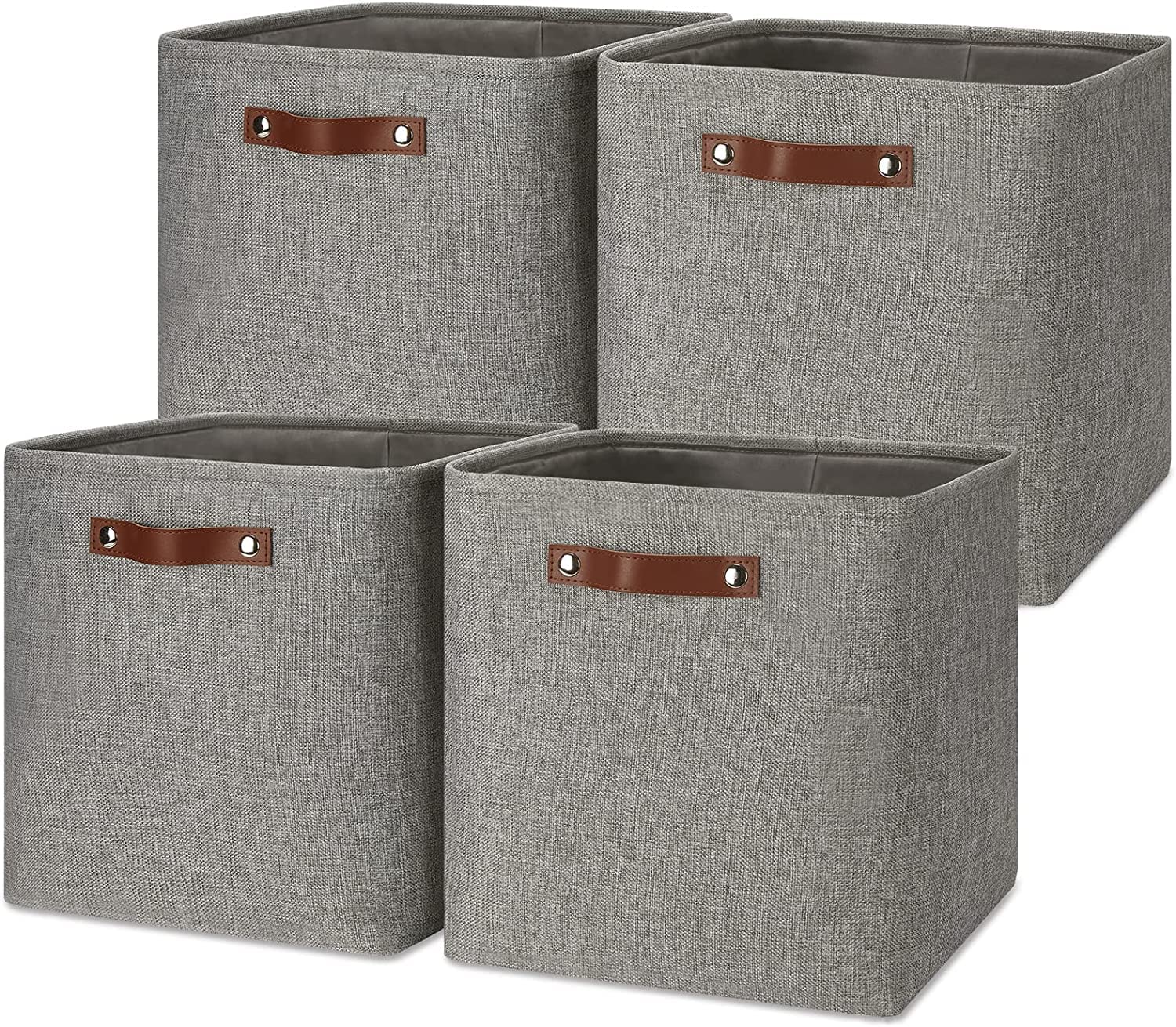 Mangata Collapsible Storage Cube Boxes, 25CM Cube Linen Woven Fabric Storage Baskets with Leather Handles 4PCS(Grey) — image 1