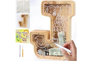 weallbuy Large Letter Piggy Bank for Kids Boys Girls Wooden Personalized Piggy Banks A-Z with Target Area Clear Alphabet Banknote Coin Banks for Gift Decoration Baptism (J)