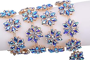KAOYOO 1 Yard Flower Pattern Rhinestone Chain Trim, Inlaid with Blue AB Crystal Rhinestone and Golden Brass Base Prong Chain for Sewing Craft,Wedding Decoration