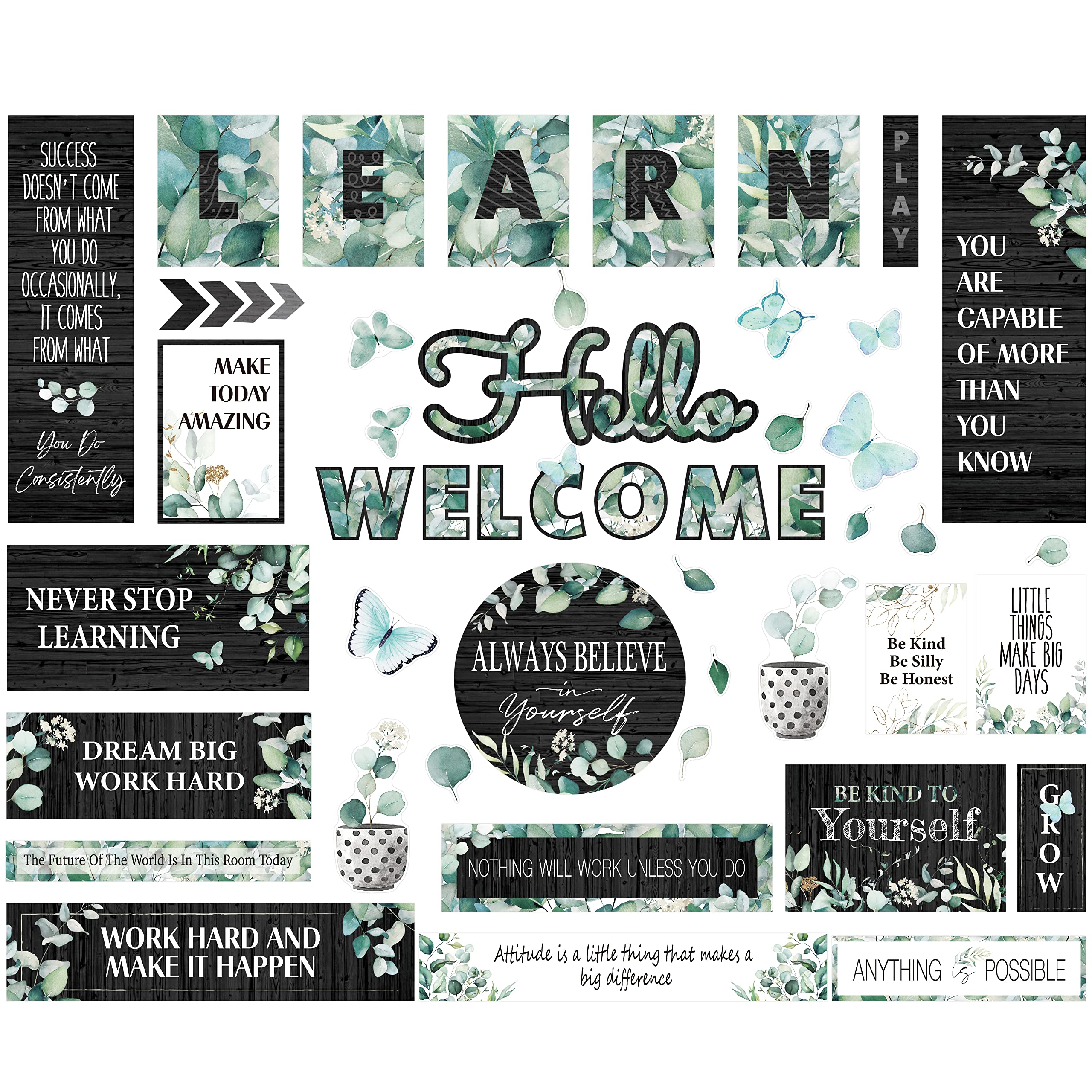 50PCS Modern Farmhouse Bulletin Board Decor, Inspirational Wall Decorative Sign Positive Saying Posters Growth Mindset Accents Set for Middle High School Classroom Home Teachers Parents Students
