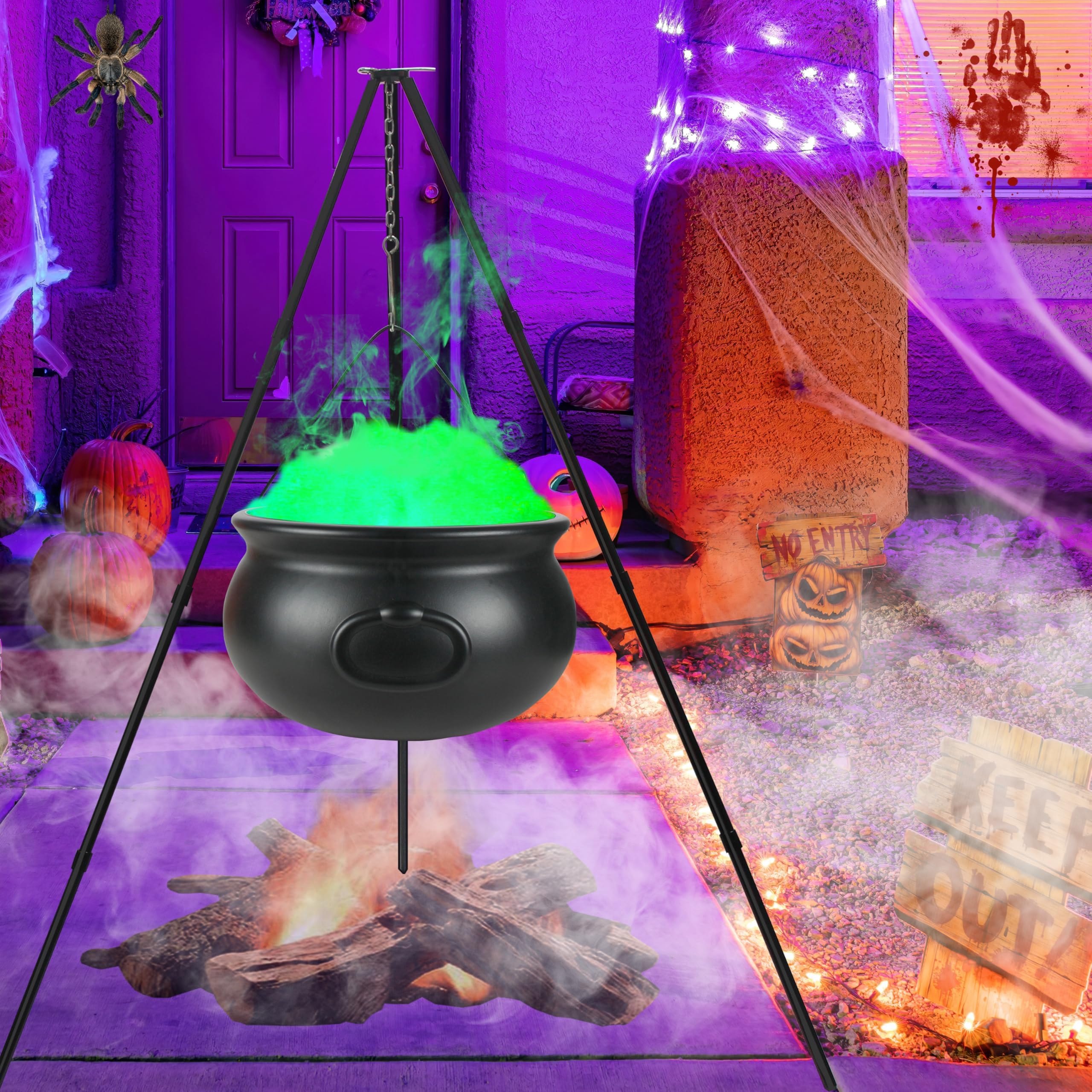 Photo 1 of Halloween Decorations Outdoor, Large Witches Cauldron Kettle on Tripod with LED Lights, Black Plastic Witches Bowl Candy Bucket Halloween Decor for Porch Yard Lawn Outside