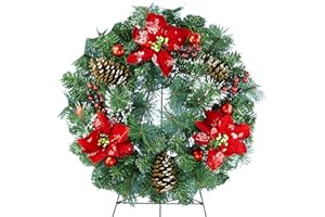 SYMPATHY SILKS Christmas Wreath - Outdoor Christmas Decoration - 24 inch Wreath with Frosted Red Poinsettia and Red Ornaments on 30 Inch Easel