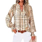 MASCOMODA Womens V Neck Floral Long Sleeve Tops 2026 Summer Casual Loose Puff Sleeve Chiffon Boho Work Blouse Dressy T Shirts