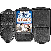 Emporio Kitchen Baking Pan Set - Nonstick Coating, Carbon Steel Bakeware Set with Red Silicone Handles, PFOA, PFOS, PTFE Free, Recipe Booklet Included, Oven Safe Tray (Up To 450° F), Set of 6 - Black
