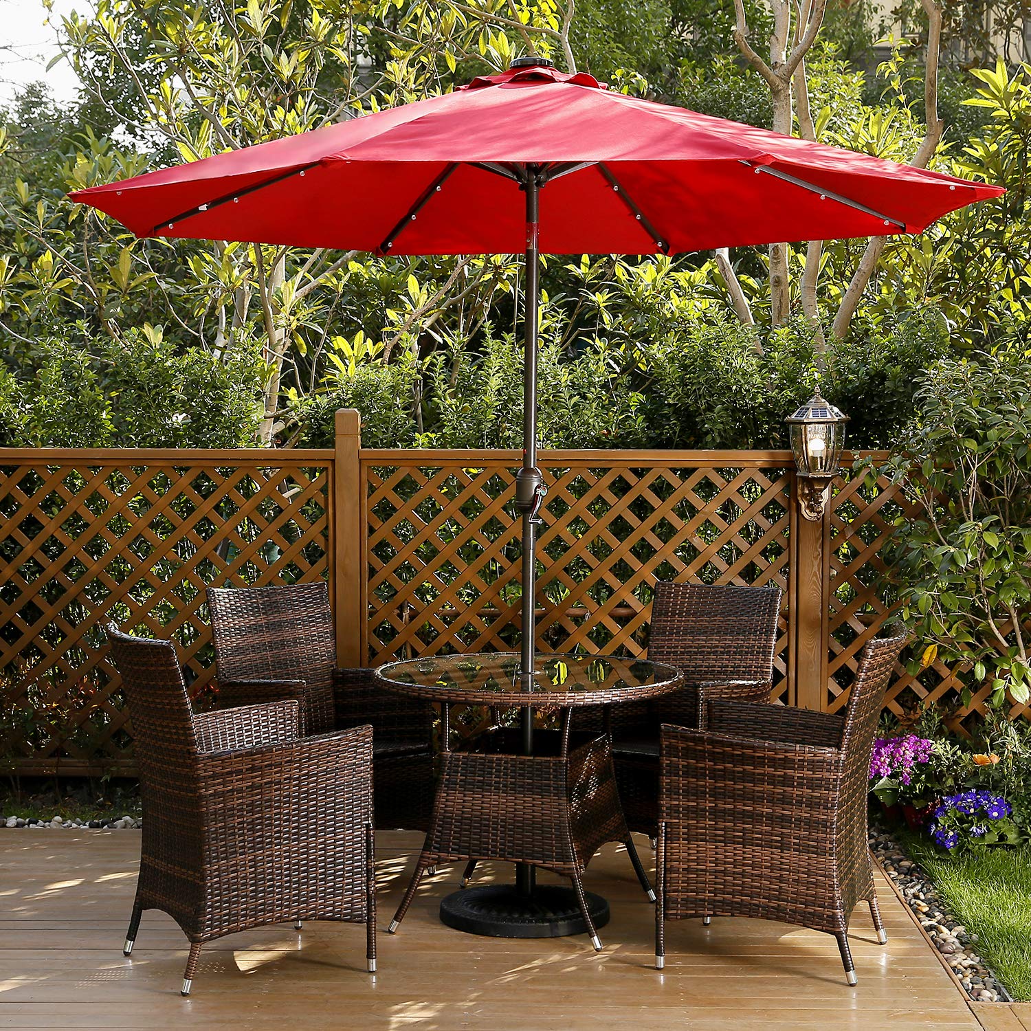 Coffee Aok Garden 9 Ft Led Lighted Patio Outdoor Umbrella Solar Power Market Table Fade Resistant Umbrella With Push Button Tilt Crank And 8 Sturdy Ribs Umbrellas