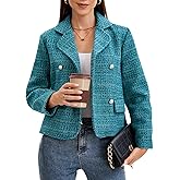 Haianguoji Women's Short Tweed Blazer with Pearl Button Elegant Double Breasted Jacket for Work Casual