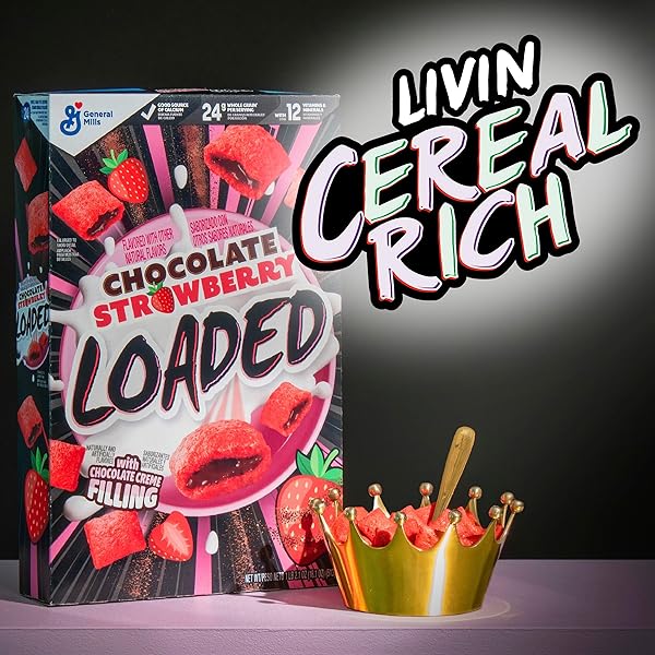 CHOCOLATE STRAWBERRY LOADED CEREAL, CRISPY CEREAL WITH NATURALLY AND ARTIFICIALLY FLAVORED CHOCOLATE CREME FILLING, MADE WITH WHOLE GRAIN, 15.6 OZ