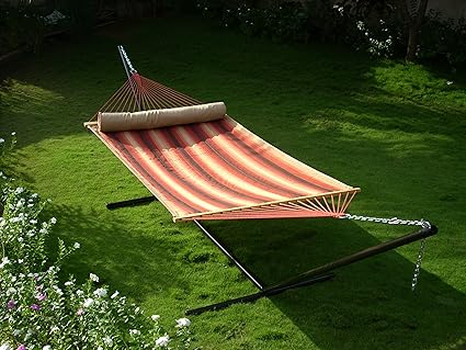 Two person Quilted hammock with 15ft Steel stand - Terracotta stripe